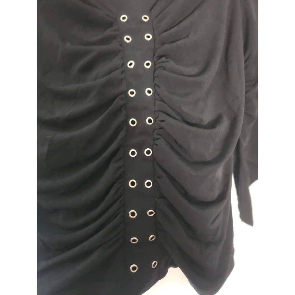Vintage Comma Design Women's Black Ruched Stretch Blouse Size Small V-neck - Picture 4 of 5